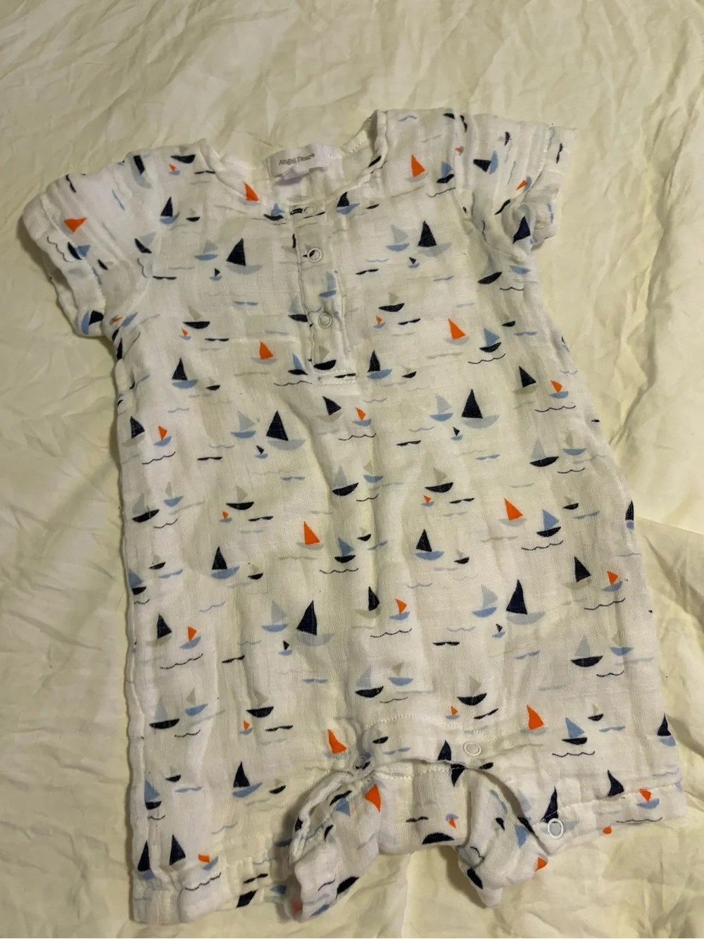 Angel Dear White Baby Romper with Navy & Orange Sailboat Print